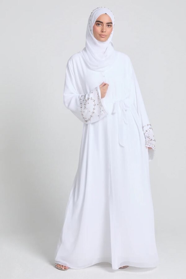 White Embellished Nida Open Abaya